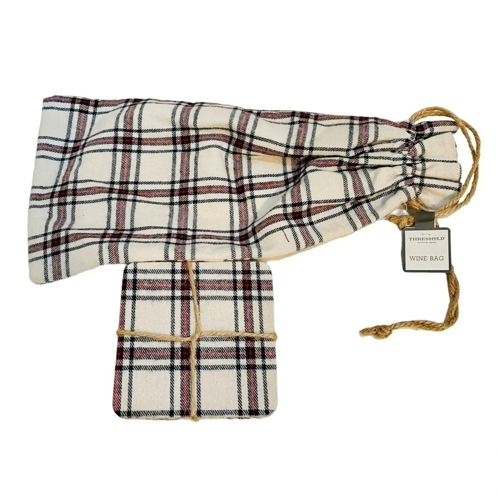 Threshold Plaid Holiday Christmas Fabric Drawstring Wine Bag and four Coasters